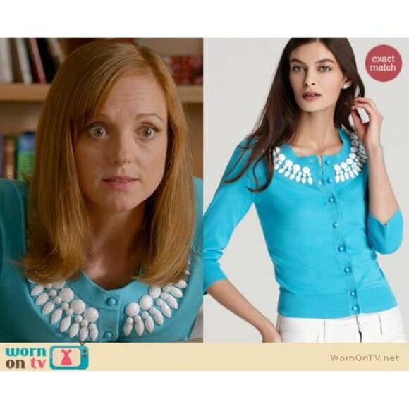 Kate Spade Katie Cardigan Sz Medium White Beading on Turquoise Preppy ASOTV Glee - Picture 5 of 11